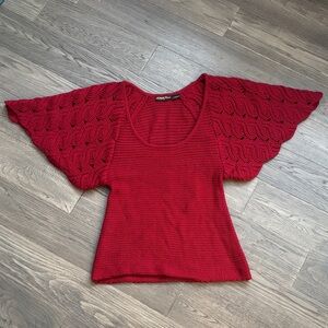 Guess | Red Knit Crochet Scoop Neck Sweater with Flutter Sleeves Y2K Medium